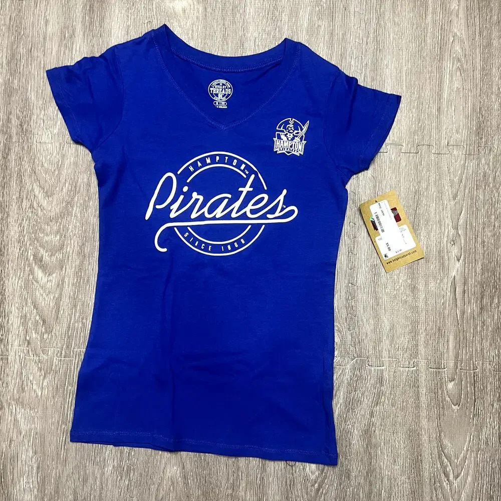 Hampton University Pirates Youth Girls Blue Graphic V-Neck T-Shirt Size Medium